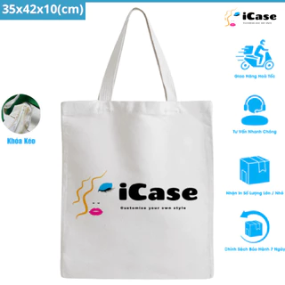 Túi vải Canvas iCase [ khóa kéo ] in logo theo yêu cầu không giới hạn số lượng kích thước 35x42cm