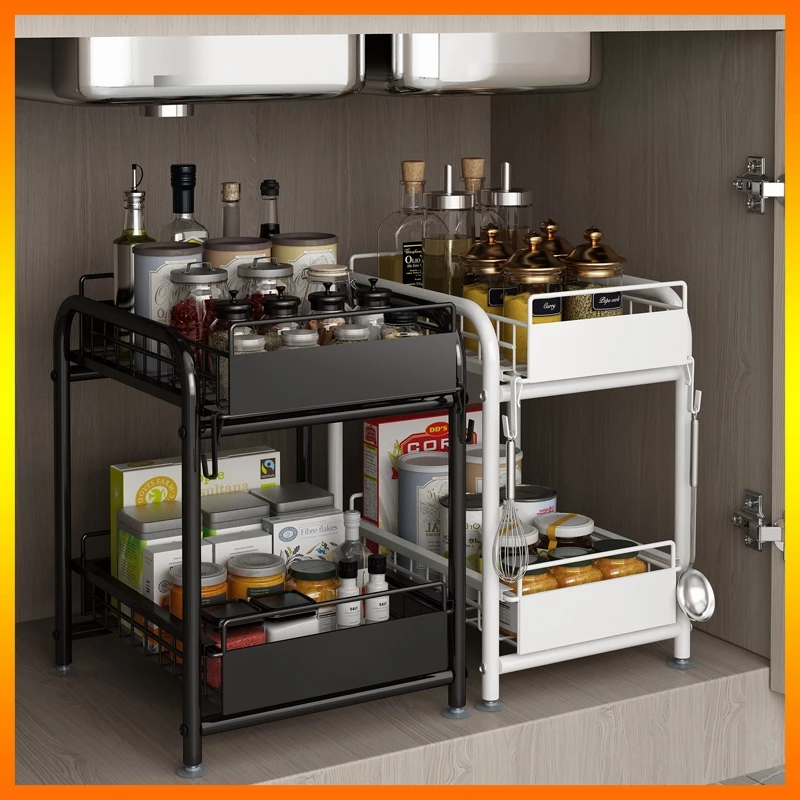 【Local seller】Dưới bồn rửa nhà bếp giá tủ kéo nhiều tầng phòng tắm giá để đồ đa năng dưới bàn kệ nhỏ để đồ Với Hook