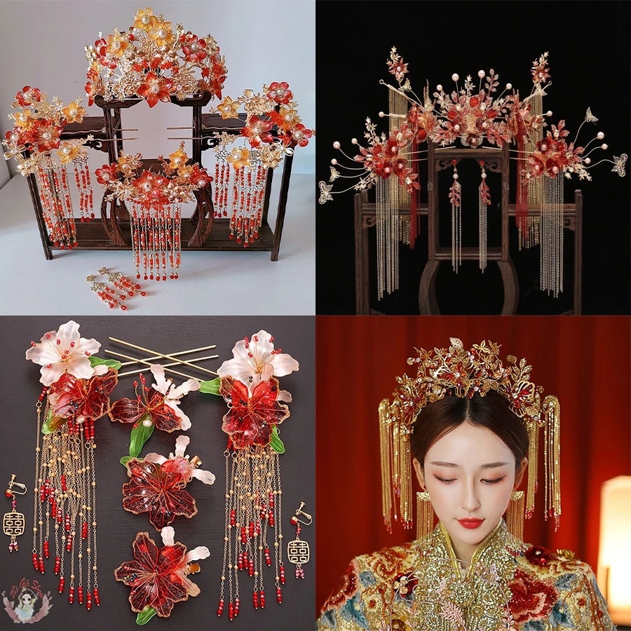 (Nhiều mẫu)Set trâm cài tóc vương miện cô dâu trung quốc
