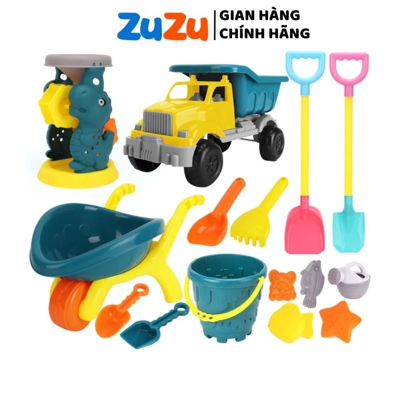 Bộ đồ chơi xúc cát cho bé gồm xe tải xúc cát, xe chở cát, xẻng, cào, câu cá, cua, xe rùa, đồ chơi cho bé đi biển mùa hè