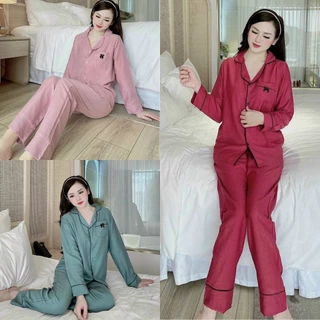 Bộ ngủ nữ Pyjama nhung tăm cao cấp mềm mịn cổ vạt đính nơ túi ngực, Bộ mặc nhà Áo dài + Quần dài