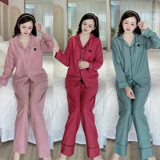 Bộ mặc nhà Pyjama nữ nhung tăm cao cấp cổ vạt túi ngực đính nơ nhẹ nhàng sang chảnh, Áo dài + Quần dài