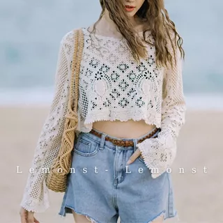 Có Sẵn- Áo Ren Móc Lưới Đi Biển Du Lịch Dáng Croptop Cho Nữ Lemonst