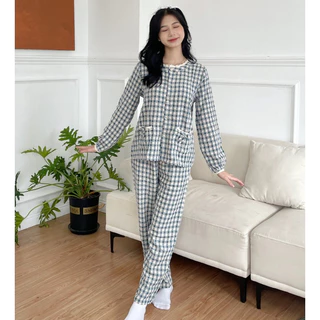 Bộ đồ ngủ Pyjama kẻ caro màu xanh cổ tròn dài tay