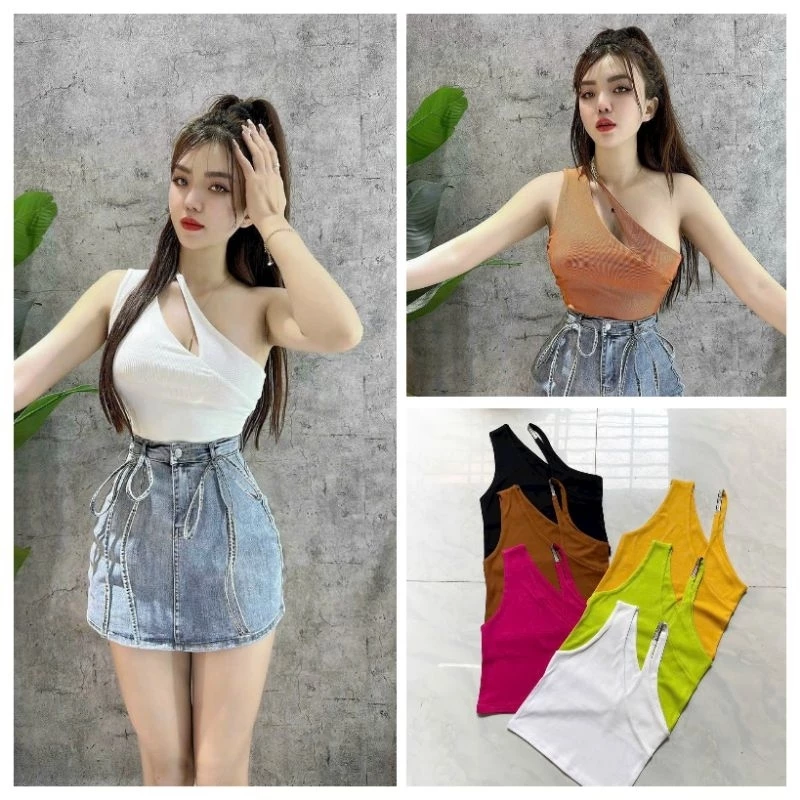 Áo kiểu croptop lệch vai khoét vai cực hot , chất thun gân dày dặn alohashop91