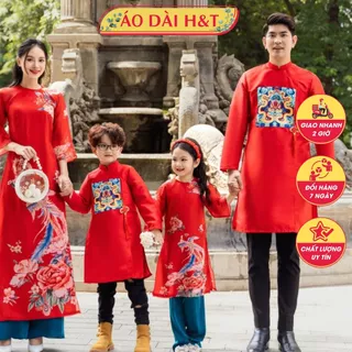 [Giao 2h HCM] Áo dài gia đình xum vầy màu đỏ, chất tafta + tơ kim sa họa tiết cao cấp - Áo Dài Cách Tân H&T