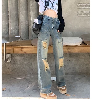 Quần Jeans Nữ Ống Suông , Quần Bò Nữ Ống Rộng Rách Gối HOTTREND 2023 TL50