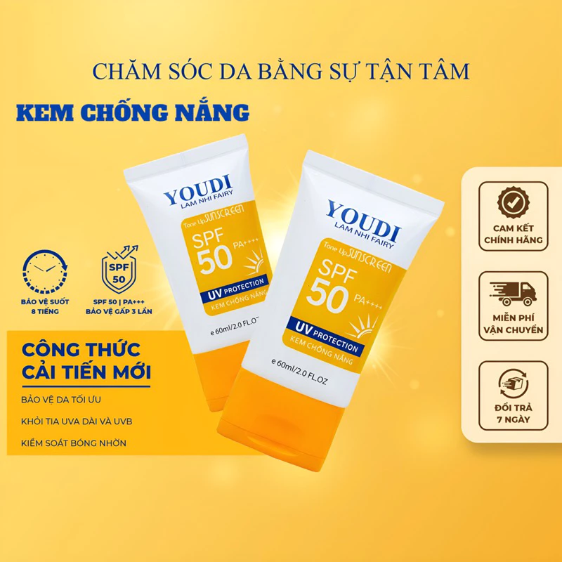 Kem chống nắng dưỡng trắng nâng tông da YOUDI Toneup Suncreen SPF 50,PA++++ 60ML