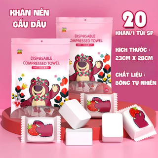 Khăn nén lau mặt  Gấu Dâu Lotso , dạng viên kẹo . Nhỏ gọn , tiện lợi cầm theo