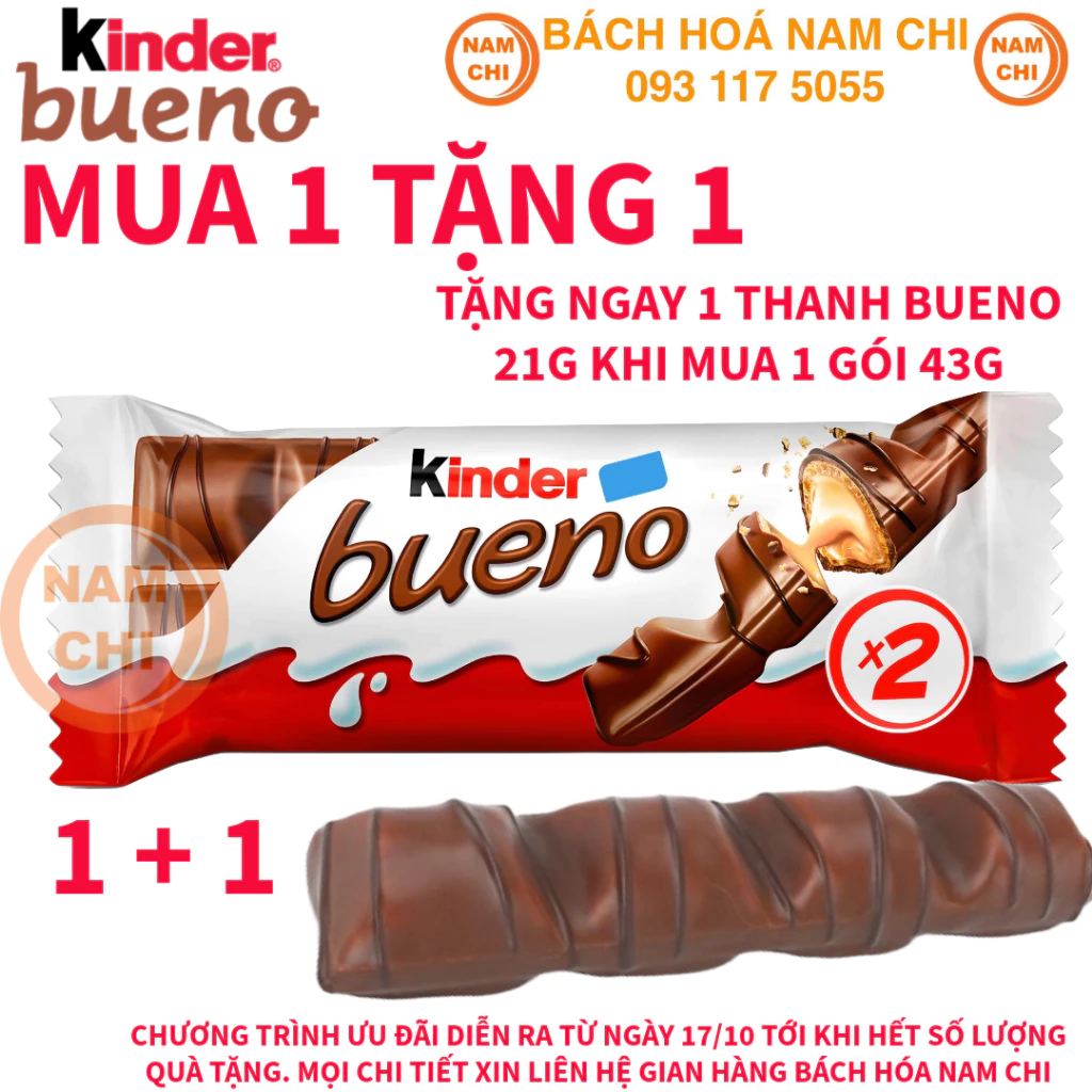 [1 GÓI] Bánh Xốp Socola Nhân Hạt Dẻ Chocolate KINDER BUENO 43gr x 2