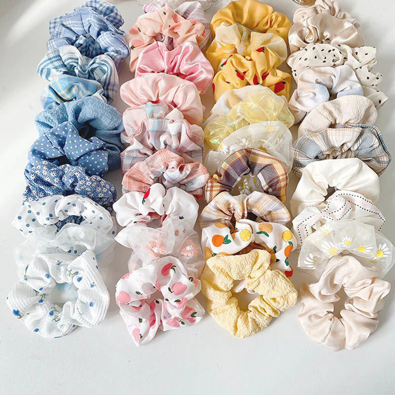 40 mẫu Dây buộc tóc Scrunchies vải hoa caro vintage ngẫu nhiên