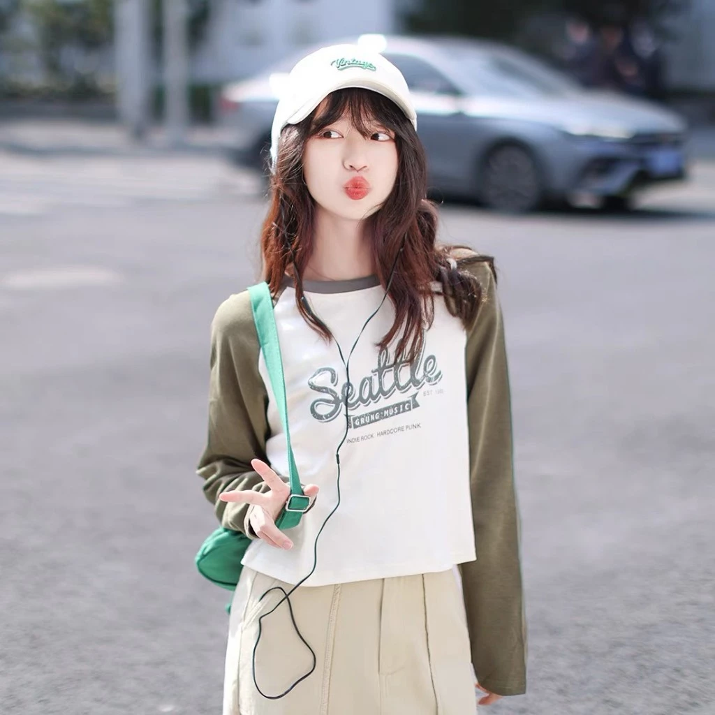 Áo thun nữ TAY DÀI IN CHỮ chất vải thun xược cotton 100% phối màu Áo thun tay dài MENEINA trẻ trung phong cách Hàn