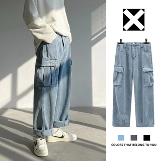 Quần jean cargo pants túi hộp nam XMAX dáng suông dài retro, quần bò ống rộng túi hộp nam phong cách Hàn Quốc B083