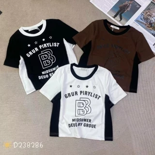 Áo thun croptop nữ tay ngắn cổ tròn pha màu in BB ngôi sao hàng Quảng Châu chất cotton đẹp, áo phông baby tee hè 238286