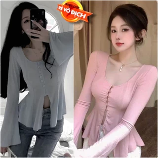 Áo kiểu nữ tay loe xẻ eo phối nút siêu xinh nhiều màu chất vải thun gân len 4 chiều Free Size