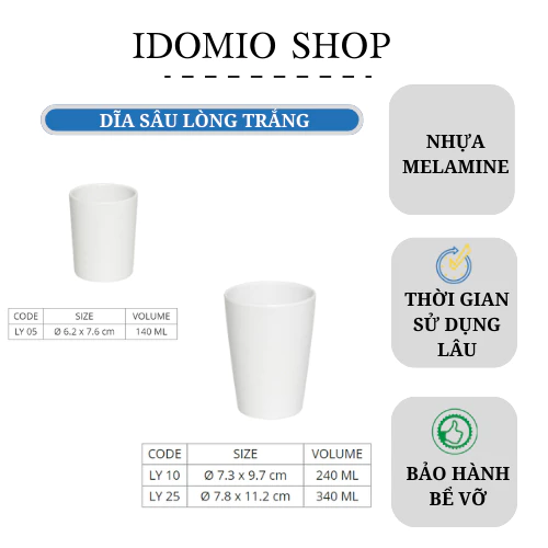 Ly Nhựa Melamine Màu Trắng Nhiều Size