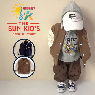 Áo khoác bomber logo gấu cài cúc giả túi chất nỉ bông cho bé - Áo khoác thu dông cho bé từ 8 đến 19 kg - SUN KIDS