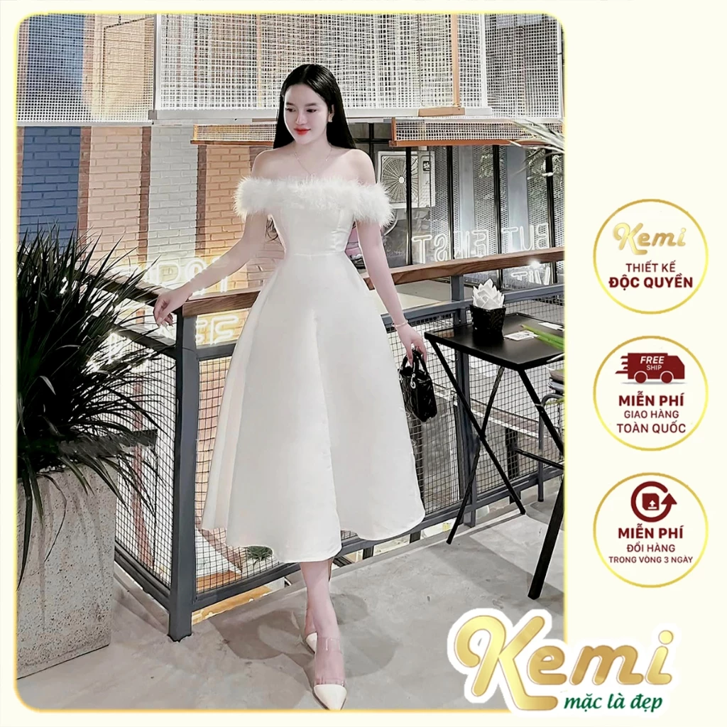 Đầm dự tiệc váy xòe dáng dài maxi trễ vai viền lông vũ cách điệu chất vải Tafta cao cấp Kemi