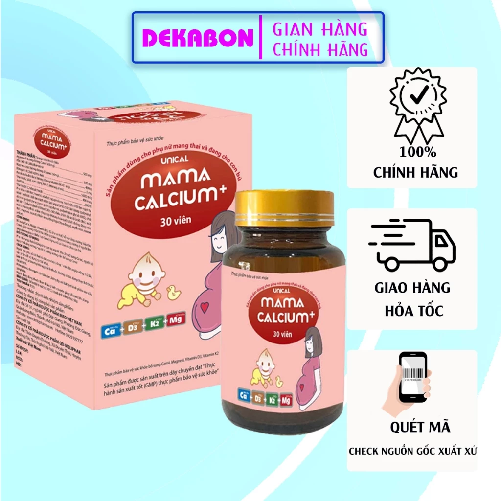 Combo 2 Canxi Unical Mama Calium lọ 30 viên - Giúp bổ sung Canxi từ tảo cho mẹ bầu và sau sinh DEKABON