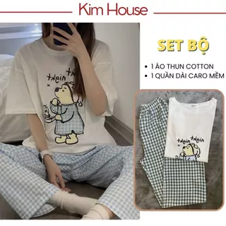 Set Bộ Đồ Áo Thun Tay Ngắn Quần Dài Caro Mặc Nhà Nữ KIMHOUSE Áo Thun Cotton Và Quần Dài Caro | B04