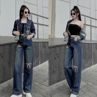 Sét bộ áo khoác jeans chaneo kèm quần ống suông cạp cao tặng kèm áo ống Bộ Bigsize Kim Ngân từ 50kg đến 100kg M/L/XL/XXL