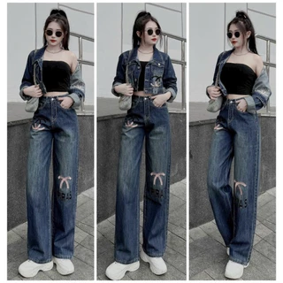 Sét Bộ 3 Món Áo Khoác Chaneo Jeans Mix Quần Ống Suông Cạp Cao Kèm Áo Trong Bigsize Quỳnh Anh Từ 50kg Đến 100kgM/L/XL/XXL