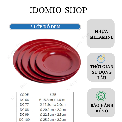 Dĩa Nhưa Tròn Cạn Melamine Đỏ Đen