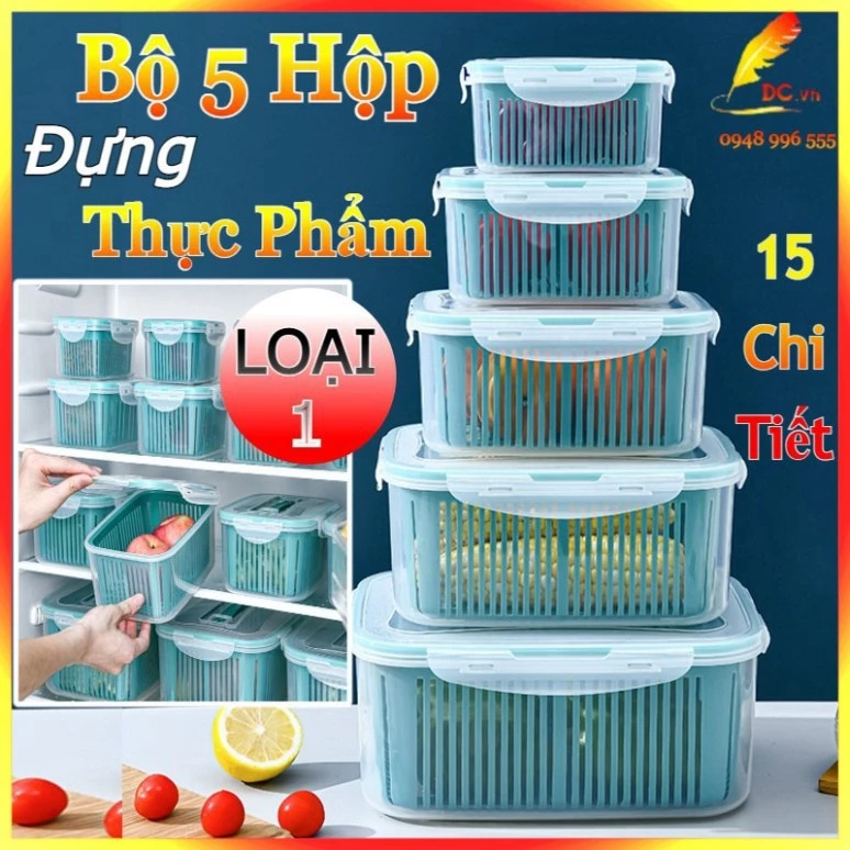 [ Giá Sỉ] Set 5 hộp đựng thực phẩm bảo quản tủ lạnh đa năng có nắp đậy, thông minh