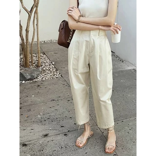 Quần baggy nữ dáng lửng Linen dáng rộng 2 ly to, chất vải Linen thô Hàn mềm mát - Màu kem