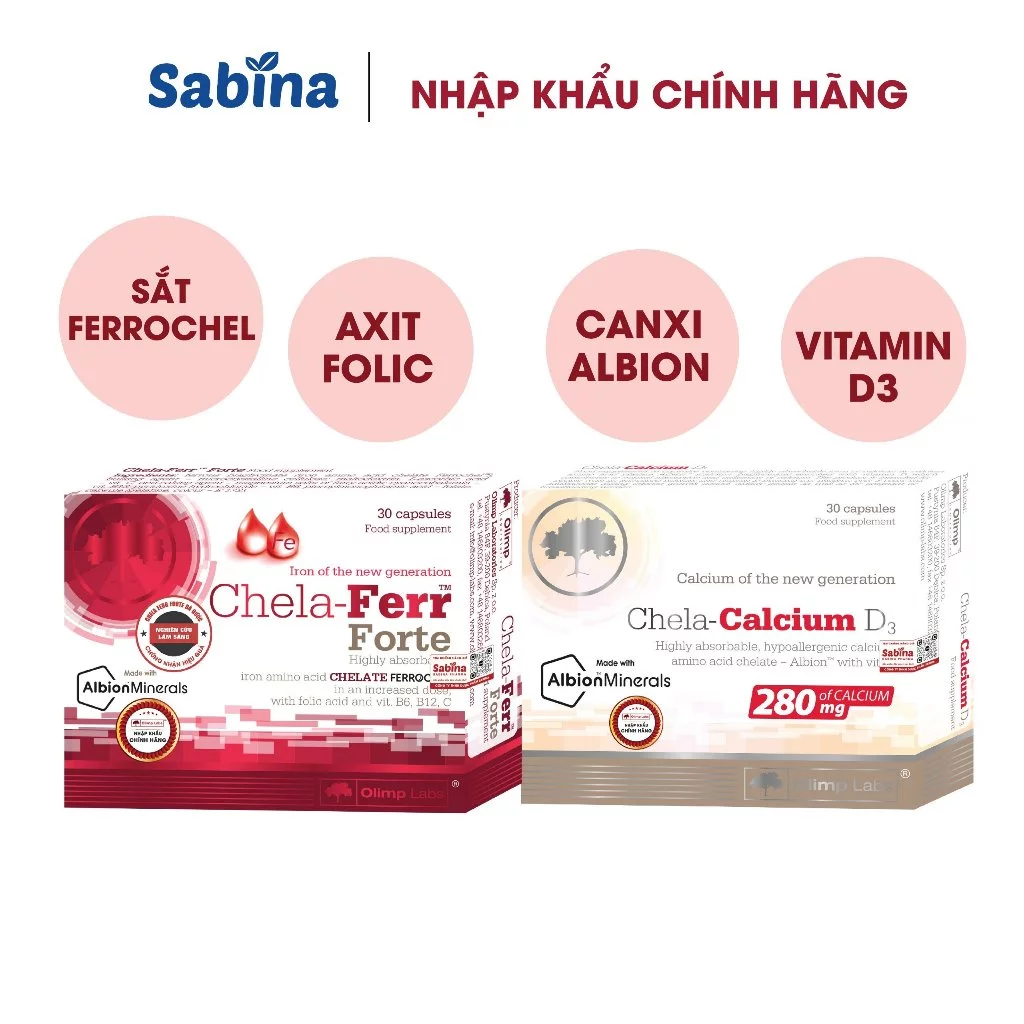 Cặp Sắt Chela-Ferr Forte Và Canxi Chela-Calcium D3 Cho Bà Bầu và sau sinh 11,4g - Olimp Labs