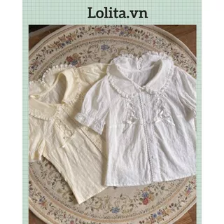 (Sẵn Trắng S,M) Blouse/ áo sơ mi lolita ngắn tay phối nơ hai màu (Kèm ảnh thật)