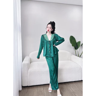 Bộ mặc nhà, đồ ngủ Pijama nữ tiểu thư phối ren cổ tròn tay dài quần dài cao cấp. Size từ 40-65kg