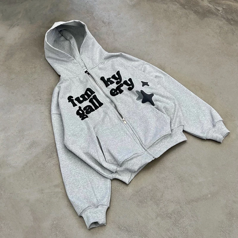 ÁO KHOÁC HOODIE ZIP NAM NỮ UNISEX FUNKY GALLERY MÀU GREY XÁM MŨ TO FORM RỘNG ( MẶC ĐƯỢC FORM BOXY )