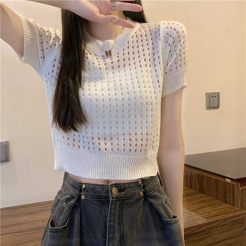 Áo lưới màu Quảng châu cổ tròn bo