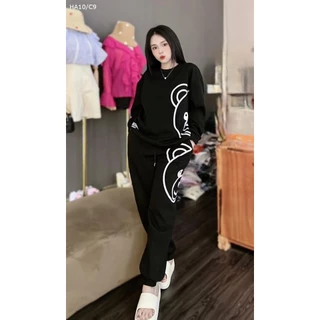 [11,11 Sales Freeship] Set bộ nỉ quần dài in hình con gấu mặc siêu ấm,bộ sweater áo cổ tròn tay dài phối quần ống túm