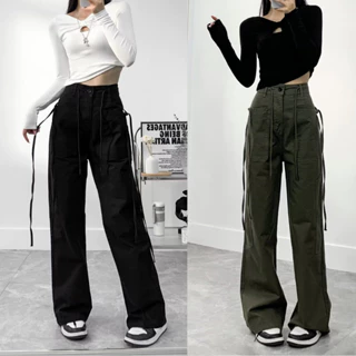 Quần Cargo Pants Nữ Ống Rộng Lưng Cao Thiết Kế Túi ZIA, Quần Kaki Kèm Dây Rút Cạp Cao Hot Trend 2 Màu Trắng - Rêu