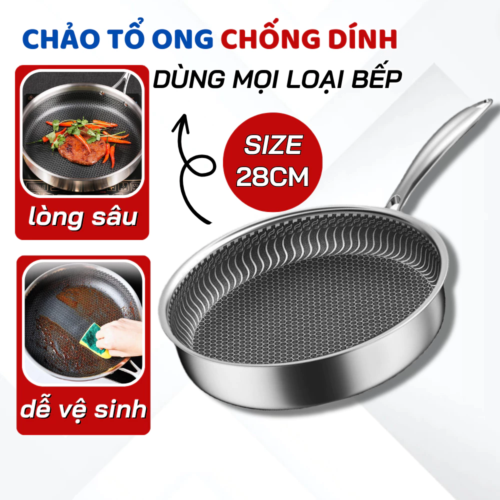 Chảo Tổ Ong Lòng Sâu, Chảo Chống Dính Chống Xước Dùng Mọi Loại Bếp, 5 Lớp Vân Tổ Ong, Chảo Thép Tổ Ong Đáy Phẳng 28cm