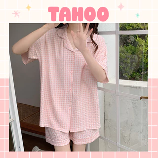 Đồ bộ pyjama caro đũi xốp mỏng nhẹ dễ thương dưới 57kg