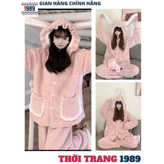 Bộ ngủ lông cừu tai thỏ khuy cài viền bèo hồng dễ thương, Đồ bộ pyjama lông cute 2 mặt mượt mà ấm áp form rộng - 1989