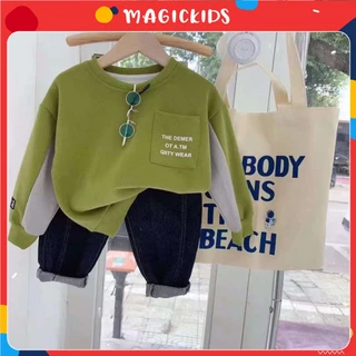 Áo nỉ cho bé Magickids áo nỉ dài tay bé trai 9 đến 24kg cổ tròn phối túi dáng rộng hàng QCCC Quần áo trẻ em AON23018