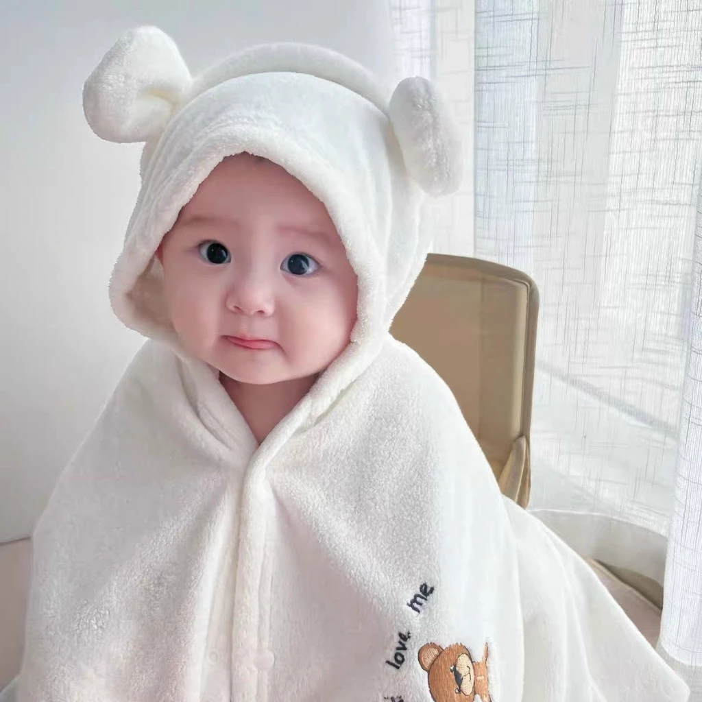 Áo choàng tắm tai gấu hàn cho bé có mũ, Ủ choàng thu đông, khăn choàng cotton hữu cơ cho bé sơ sinh đén 3 tuổi