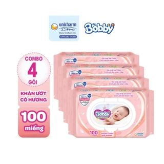 Khăn ướt Bobby Care combo 4 gói hương thơm nhẹ nhàng 100 tờ/gói (Hồng)