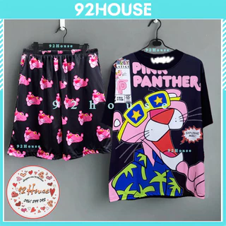 Bộ đồ hoạt hình báo hồng đồ nhóm đi biển áo thun tay lỡ unisex Quần short cartoon freesize phom rộng