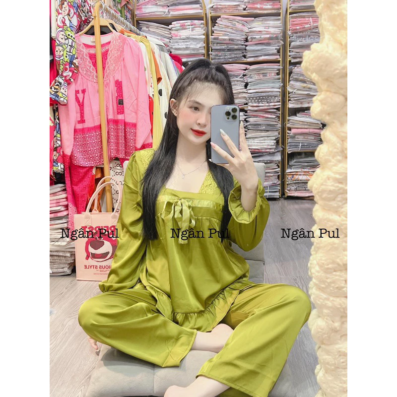 Đồ ngủ, đồ bộ pijama cổ vuông phối ren nơ chất liệu lụa xước dưới 65kg nhiều màu sắc đẹp