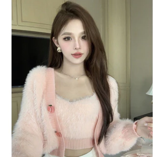 Set áo khoác lông dài tay+áo croptop 2 dây phong cách ulzzang Hàn Quốc SAM SAM BOUTIQUE