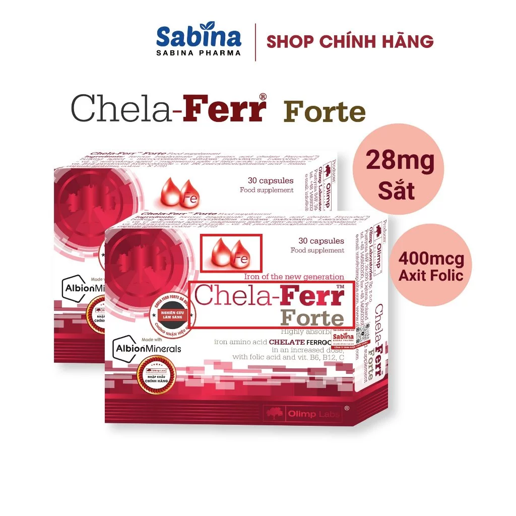 Combo Sắt Chela-Ferr® Forte (28mg sắt)–Viên sắt bà bầu, hỗ trợ cải thiện thiếu máu 11,4g- Olimp labs