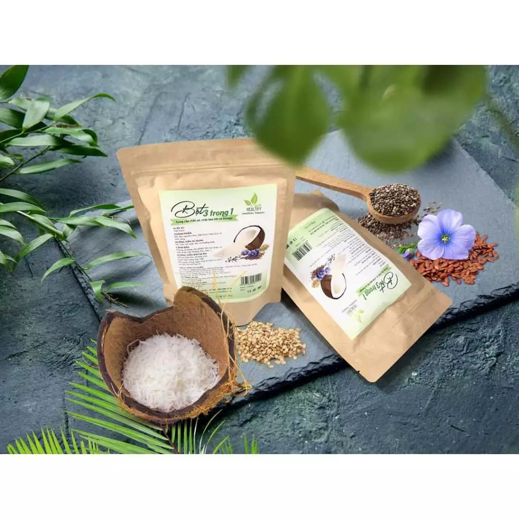 Bột 3 trong 1 Viet Healthy, thành phần: Hạt lanh, hạt chia, Dừa, Hạt Vừng, tác dụng ổn định huyết áp, tim mạch