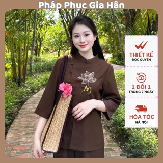 Bộ lam đi chùa,pháp phục thiền,pháp phục Gia Hân,Bộ quần áo đi lễ chùa nữ,vạt lệch thêu hoa sen Dũi Tằm Cao Cấp