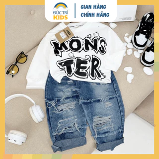 Set đồ bé trai áo MONSTER dài tay chất nỉ quần Jean short lửng ngắn thời trang phong cách Hàn Quốc