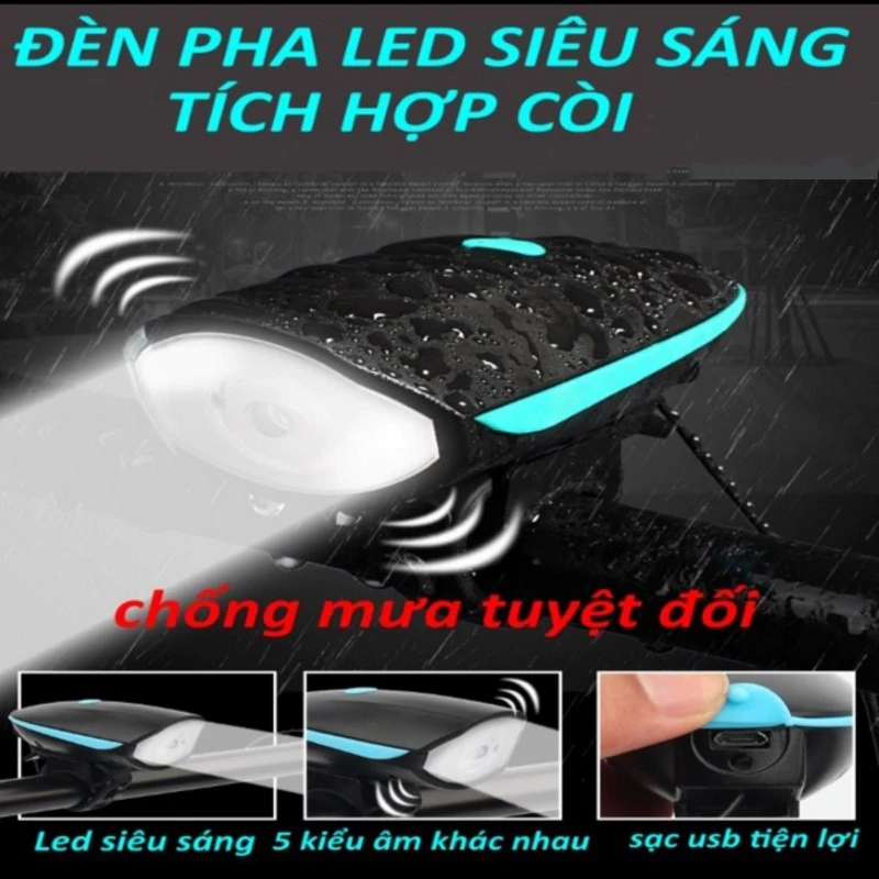 Đèn xe đạp thể thao có còi pin sạc usb, Đèn Led xe đạp Đèn xe đạp,siêu sáng có còi pin sạc usb led chống nước T6-7588